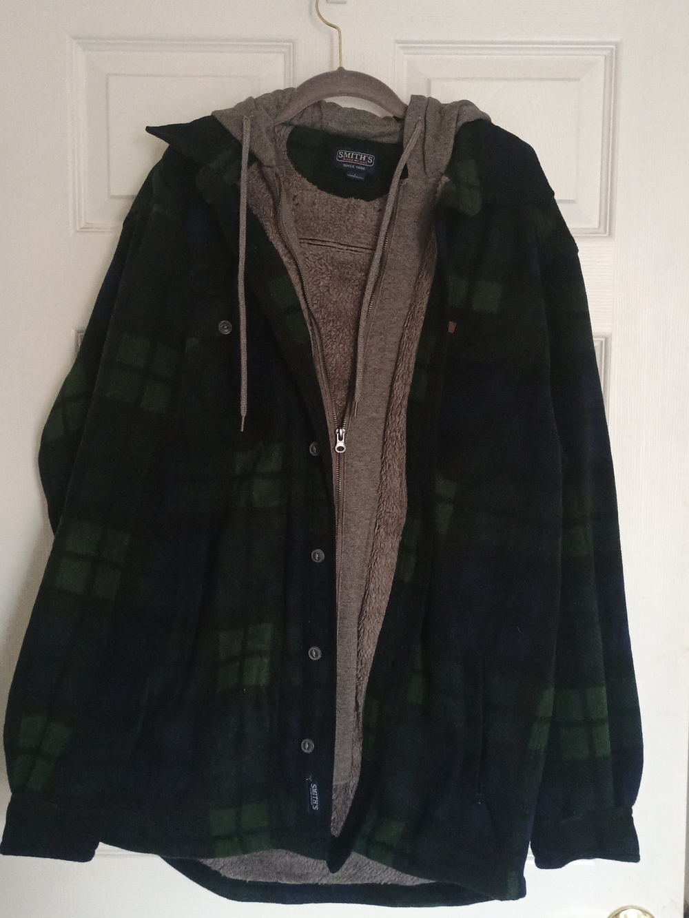 SMITH Green Plaid Sherpa-Lined Men's Jacket with Hood Size L